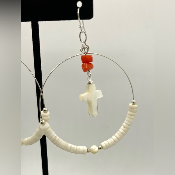 Hoop, Earring- Puka Shell, Mother Of Pearl & Cornelia gemstone Beads - Picture 3 of 3